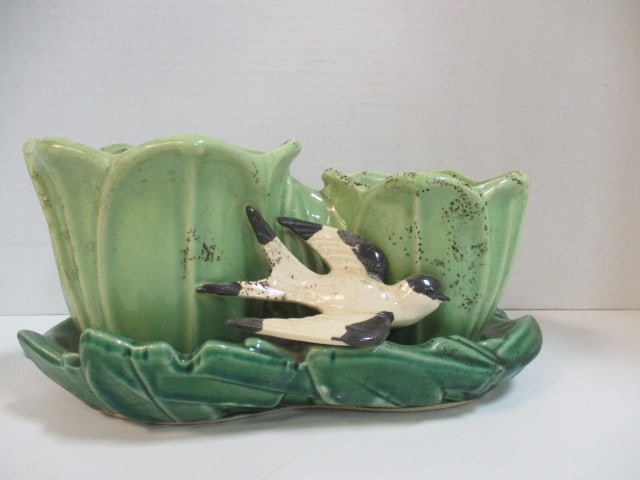 Vintage McCoy Double Planter Applied Swallow: 11" long, 5"h, crazing and hairline crack