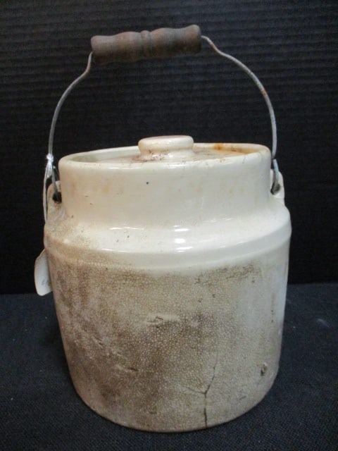 Vintage Stoneware Crock with Wood Insert Bail Wire Handle: 7 1/2"h, crazing, discoloration and hairline cracks
