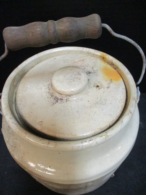 Vintage Stoneware Crock with Wood Insert Bail Wire Handle - 2