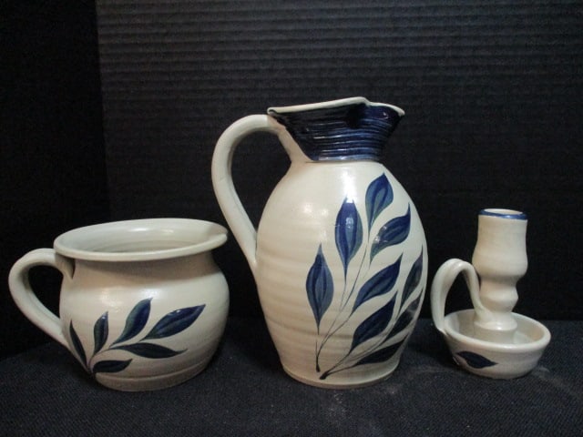 Williamsburg Pottery Handpainted Turned Pottery Pitcher, Pot and Chamber Candlestick Holder (1 of 9)