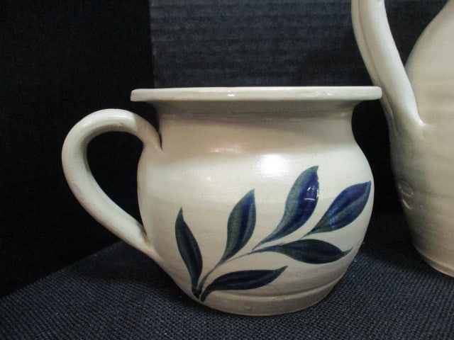 Williamsburg Pottery Handpainted Turned Pottery Pitcher, Pot and Chamber Candlestick Holder - 2