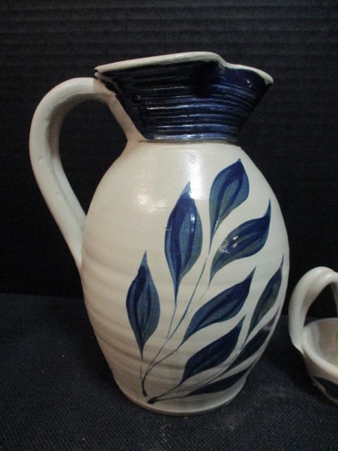Williamsburg Pottery Handpainted Turned Pottery Pitcher, Pot and Chamber Candlestick Holder - 5