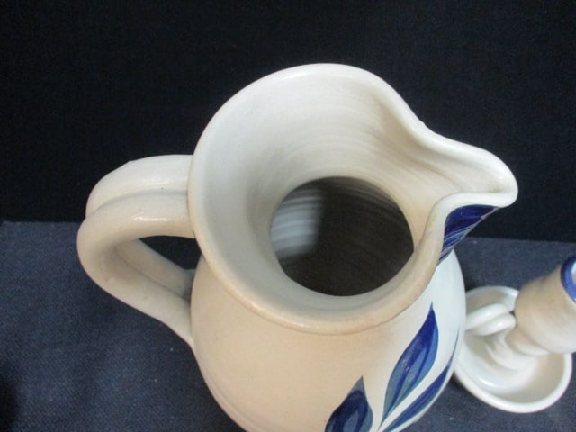 Williamsburg Pottery Handpainted Turned Pottery Pitcher, Pot and Chamber Candlestick Holder - 6