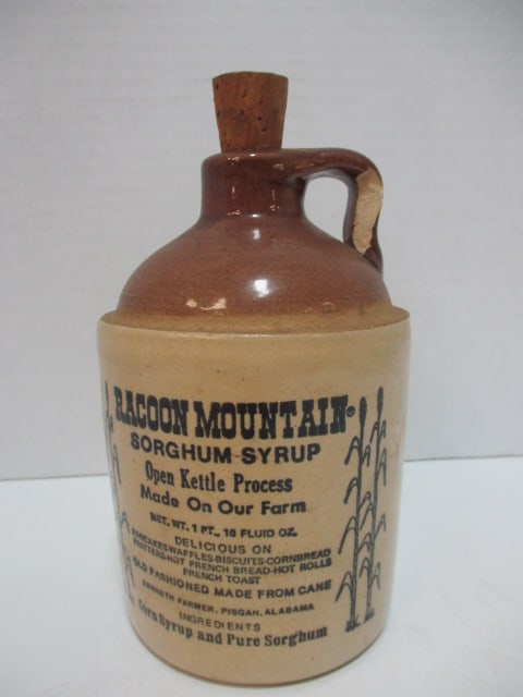 Vintage Racoon Mountain Sorghum Syrup Salt Glaze Shoulder Jug: 6"h, chip on handle