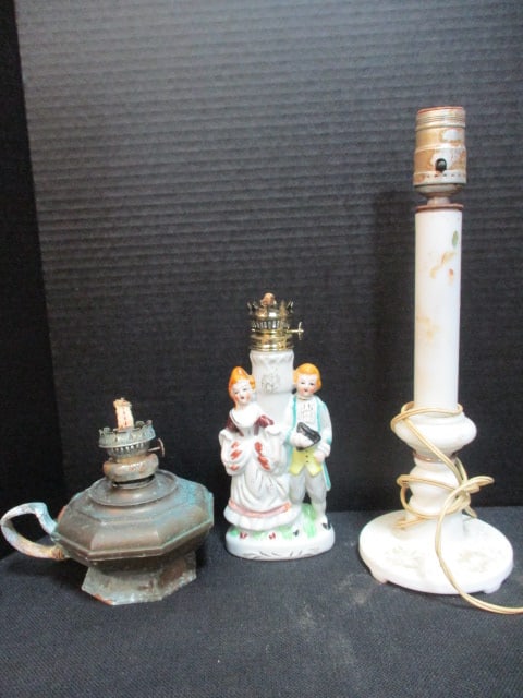 Milk Glass Lamp, Handpainted Figural Porcelain Oil Lamp and Brass Oil Lamp (1 of 8)
