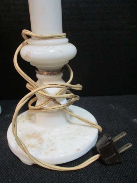 Milk Glass Lamp, Handpainted Figural Porcelain Oil Lamp and Brass Oil Lamp - 3