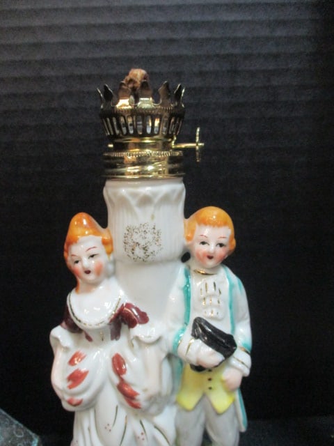 Milk Glass Lamp, Handpainted Figural Porcelain Oil Lamp and Brass Oil Lamp - 4