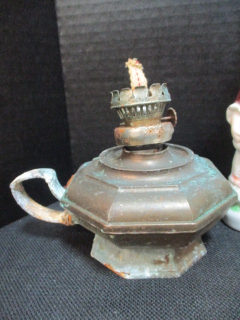 Milk Glass Lamp, Handpainted Figural Porcelain Oil Lamp and Brass Oil Lamp - 6