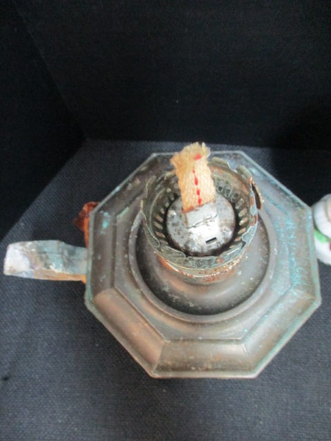 Milk Glass Lamp, Handpainted Figural Porcelain Oil Lamp and Brass Oil Lamp - 7