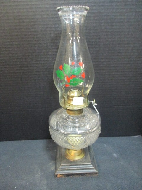 Old Pressed Glass Oil Lamp with Holly Berry Motif Shade: 16 1/2"h