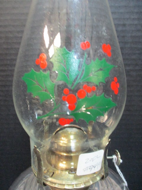 Old Pressed Glass Oil Lamp with Holly Berry Motif Shade - 2