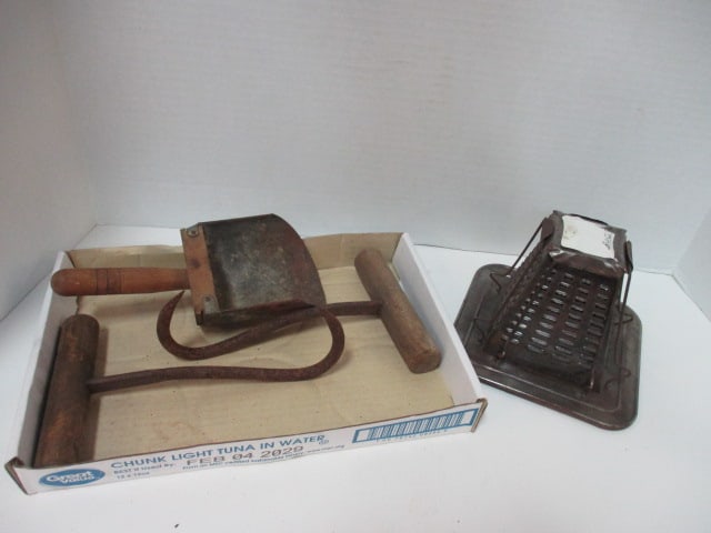 Vintage Kitchen Utensils-Toast Frame, Dry Good Scoop and Two Meat Hooks: .