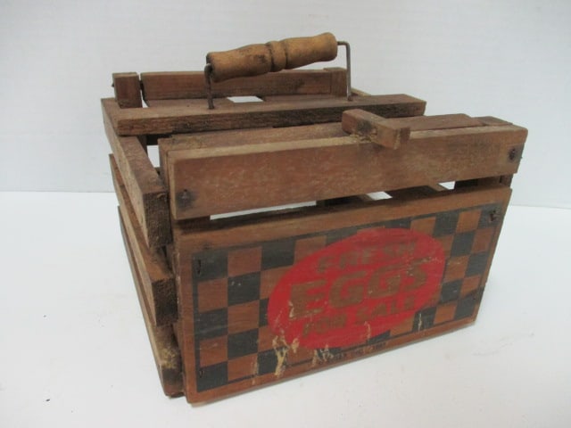 1981 Wooden "Fresh Eggs For Sale" Crate: 8" x 7 1/2" x 5"(6 1/4"h top of wire/wood handle)