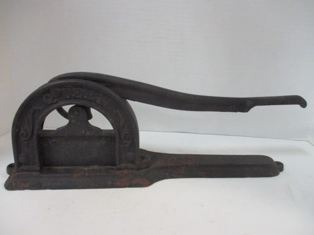 Antique Queen Cast Metal Countertop Plug Tobacco Cutter: 18" long, "GRS" raised letters on base, Local Pickup Suggested