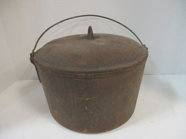 Old No. 8 Cast Iron Dutch Oven with Bail Handle: 9 1/2"dia x 6"h, marked on bottom 8 Made in USA, lid marked FBP D