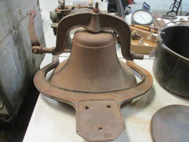 Vintage Crystal Metal Cradle Yoke Farm Bell: Bell bowl 15 1/2"dia, 9"h bell, yoke gap 13 1/2", Local Pickup Only