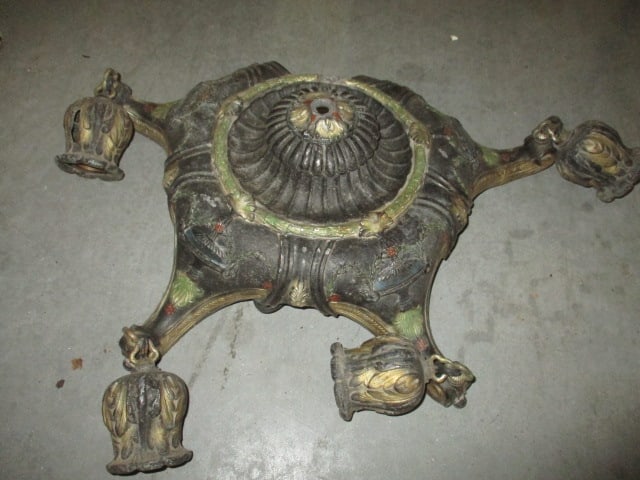 Antique Handpainted Cast Metal Light Fixture: approx. 20"dia, one of five arms is broken, does not have mounting ring
