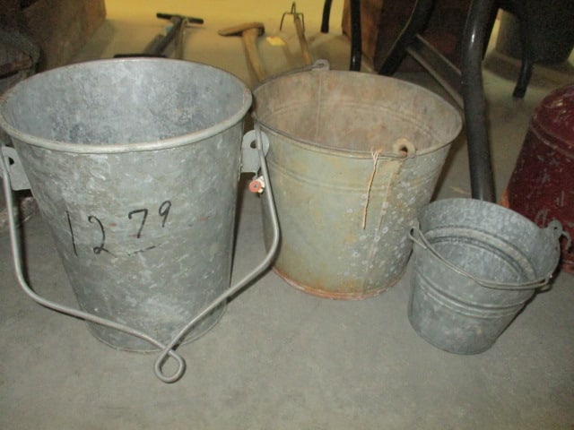 Two Galvanized Pails and Well Water Pail: .