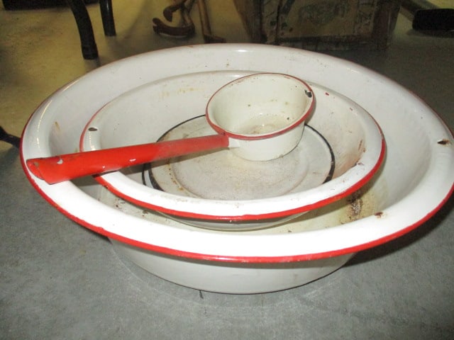 Red Banded Enamel Dish Pans and Ladle and Two Blue Banded Enamel Plates: .
