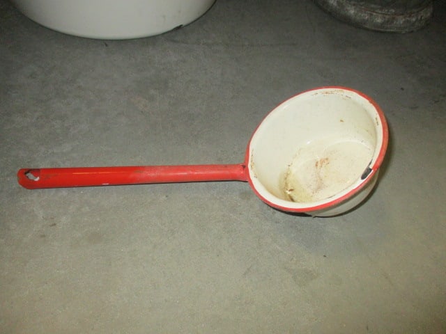Red Banded Enamel Dish Pans and Ladle and Two Blue Banded Enamel Plates - 2