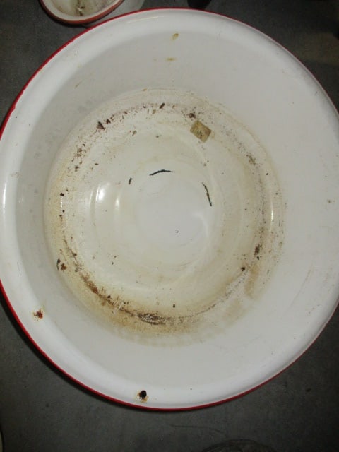 Red Banded Enamel Dish Pans and Ladle and Two Blue Banded Enamel Plates - 5