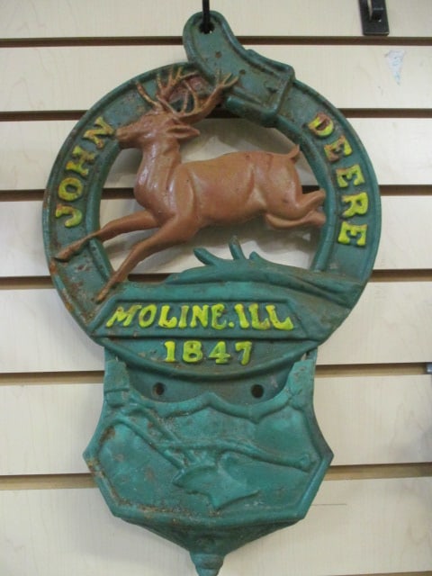 Handpainted Cast Metal "John Deere Molin, Ill. 1847" Deer Leaping Through Belt Wall Plaque: 10 1/4" x 17 1/2"