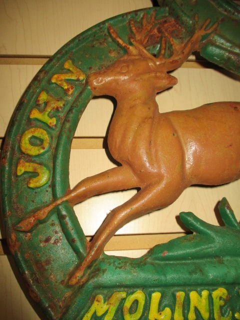 Handpainted Cast Metal "John Deere Molin, Ill. 1847" Deer Leaping Through Belt Wall Plaque - 2