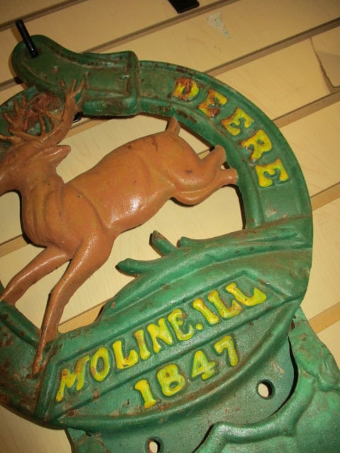 Handpainted Cast Metal "John Deere Molin, Ill. 1847" Deer Leaping Through Belt Wall Plaque - 3