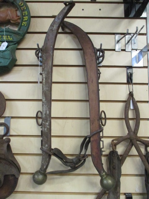 Antique Wooden Horse Collar Hames with Brass Ball Finials and Iron Harness Hardware: 27"h, Local Pickup Suggested