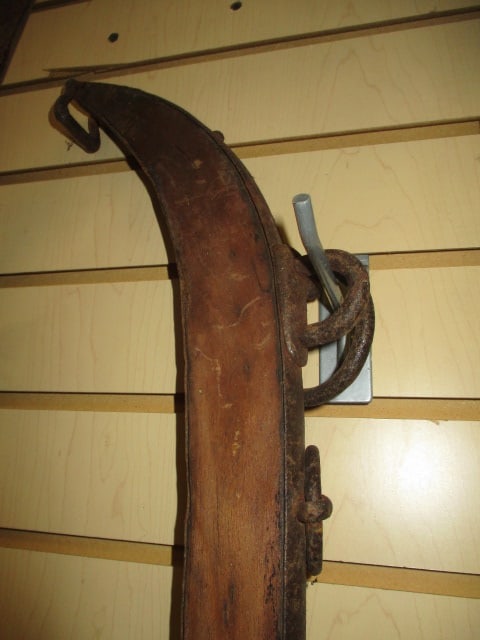 Antique Wooden Horse Collar Hames with Brass Ball Finials and Iron Harness Hardware - 3