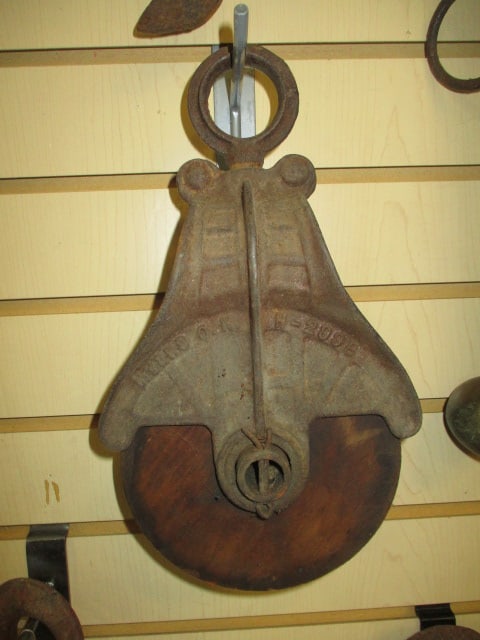 Antique Myers No. H-299 B Iron Pulley Block with Wooden Wheel: 11 1/2"h