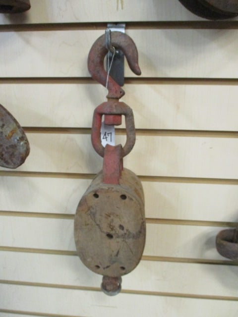 Antique Anvil Brand Wooden Double Pulley Block with Iron Hardware and Wheel: approx. 16"h