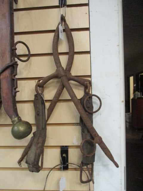 Antique Cast Iron Horse Collar Hames with Leather Harness Hardware: 19"h