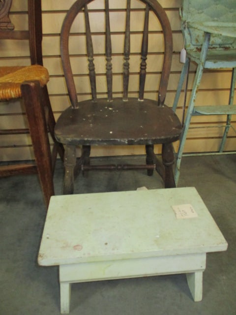Child's Wood Windsor Style Spindle Back Chair and Painted Wooden Foot Stool: Chair 14"w, stool 15" x 8" x 8", Local Pickup only