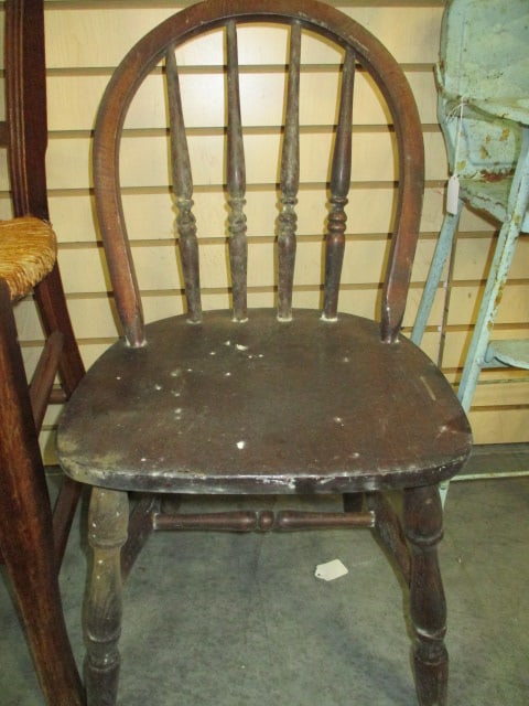 Child's Wood Windsor Style Spindle Back Chair and Painted Wooden Foot Stool - 4