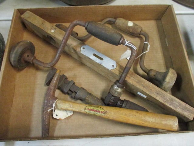Two Old Hand Drills, 18" Wooden Level, Wood Handle Adjustable Wrench and (1 of 6)