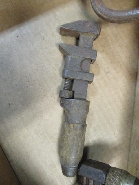 Two Old Hand Drills, 18" Wooden Level, Wood Handle Adjustable Wrench and - 2
