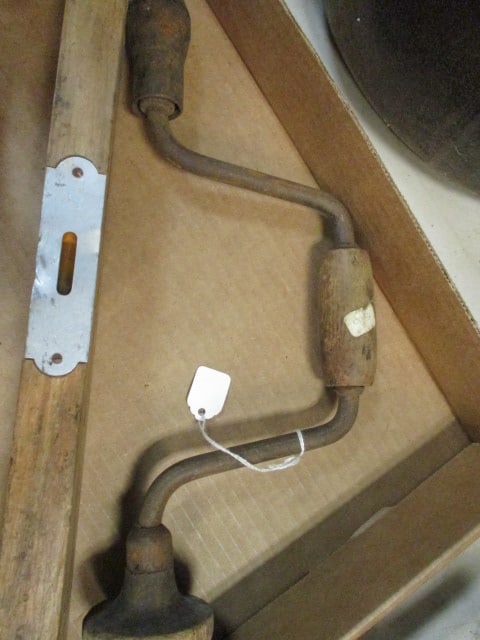Two Old Hand Drills, 18" Wooden Level, Wood Handle Adjustable Wrench and - 4