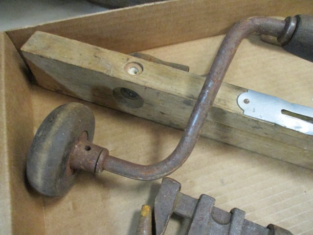 Two Old Hand Drills, 18" Wooden Level, Wood Handle Adjustable Wrench and - 5