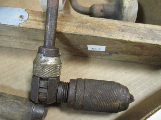 Two Old Hand Drills, 18" Wooden Level, Wood Handle Adjustable Wrench and - 6