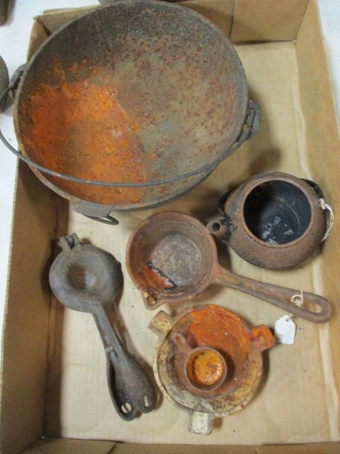 Cast Iron Scotch Bowl, Ashtray, Hinged Hand Squeezer/Juicer, Smelting Ladle, Tea for One Pot, etc. (1 of 8)