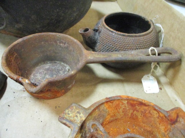 Cast Iron Scotch Bowl, Ashtray, Hinged Hand Squeezer/Juicer, Smelting Ladle, Tea for One Pot, etc. - 4