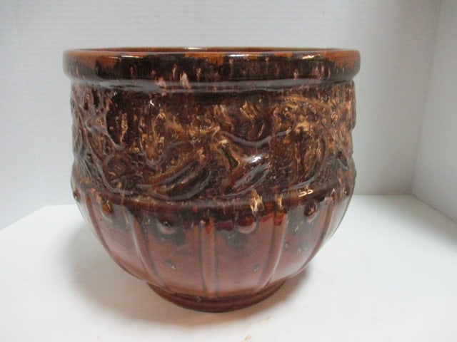 Vintage Brown Drip Glaze American Pottery Jardiniere Planter: 11"dia x 9 3/4", unmarked, has chip on bottom edge