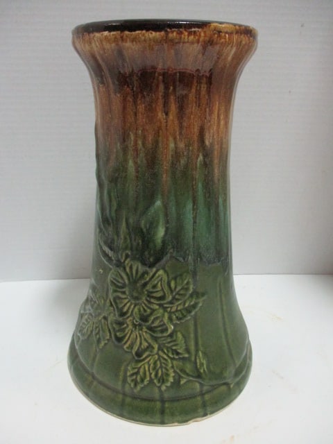Vintage Robinson, Ransbottom Pottery Co. Brown and Green Drip Glaze Jardiniere Pedestal Stand: 14"h, has raised flower garland design