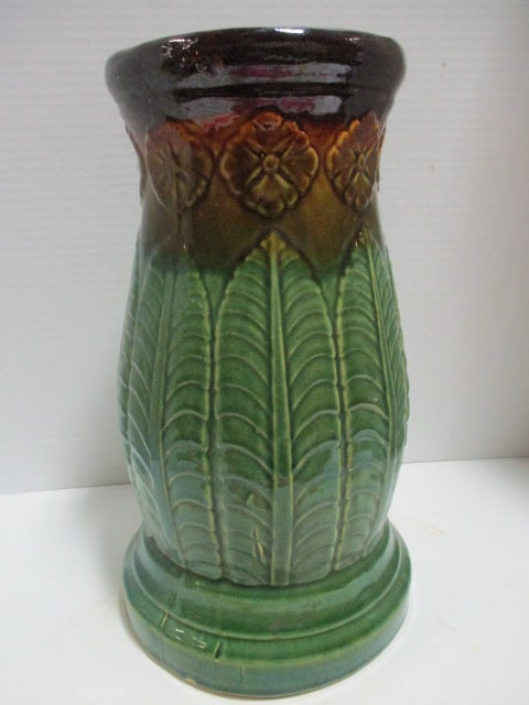 Vintage Robinson, Ransbottom Pottery Co. Brown and Green Drip Glaze Jardiniere Pedestal Stand: 14"h, has raised flower and leaf design