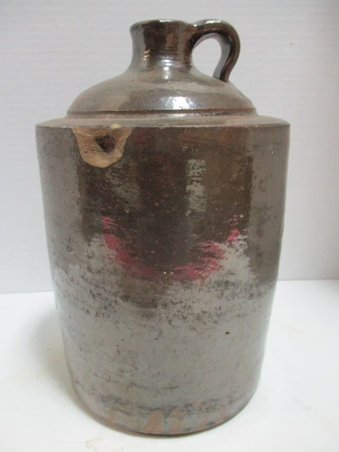 Antique Brown Glazed Shoulder Jug with Applied Handle: 11"h, few chips, glaze has slight iridescent sheen
