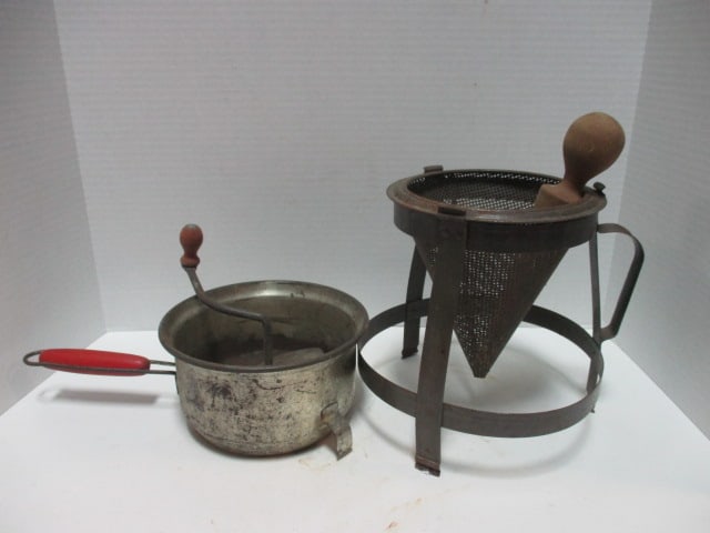 Vintage 1950's Red Handle Foley Food Mill and Tomato Cone Strainer with Stand and Wood Pestle: .