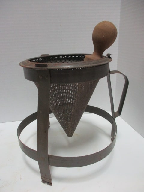 Vintage 1950's Red Handle Foley Food Mill and Tomato Cone Strainer with Stand and Wood Pestle - 6