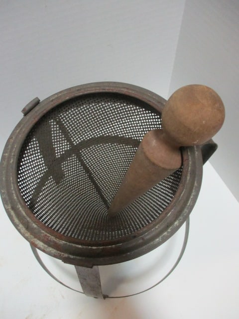 Vintage 1950's Red Handle Foley Food Mill and Tomato Cone Strainer with Stand and Wood Pestle - 7