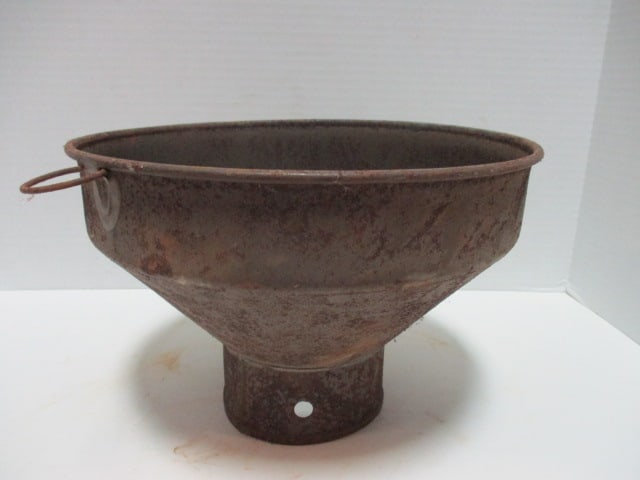 Vintage Galvanized Steel Straining Funnel with Wire Mesh Screen: 10 1/2"dia x 7"h